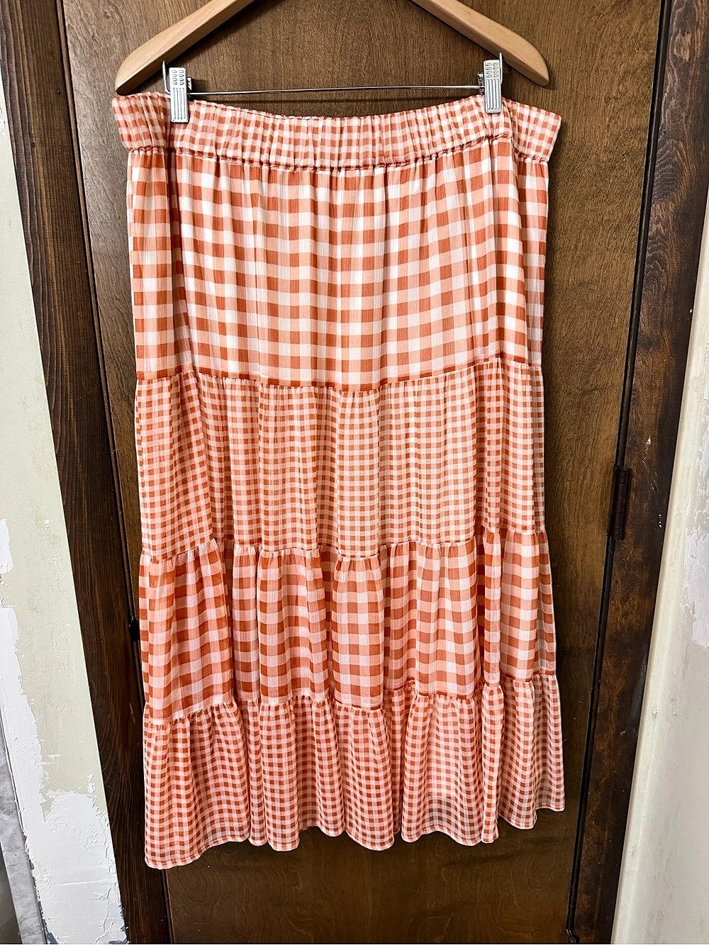 LC Lauren Conrad XXL Gingham Tiered Maxi Skirt Orange & White